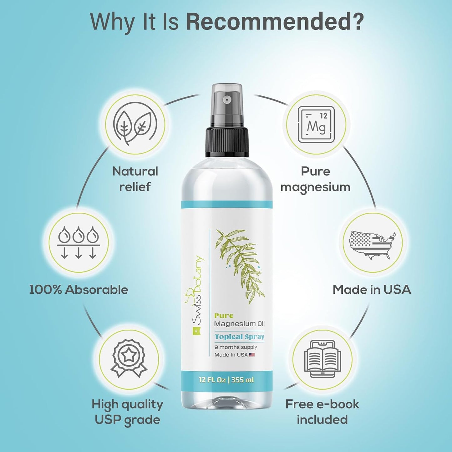 swissbotany Health & Personal Care Swiss Botany Pure Magnesium Oil Spray - (12 OZ /355 ML | Long-Lasting Pure Magnesium Oil | USP Grade, Free from Unhealthy Trace Minerals | Includes Free eBook